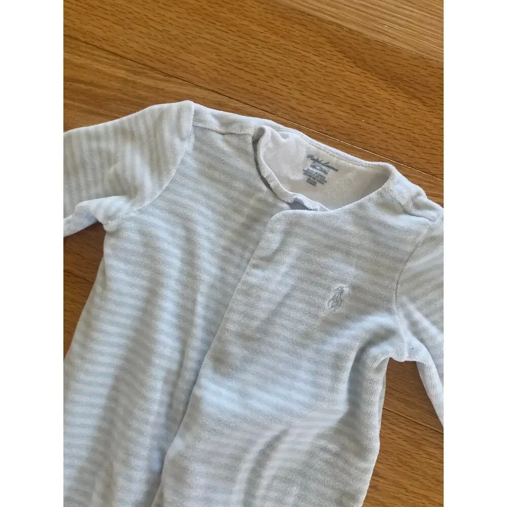 Ralph Lauren Blue Stripe Terry Cloth Velour Logo Baby Sleepsuit Footie 6 Mths